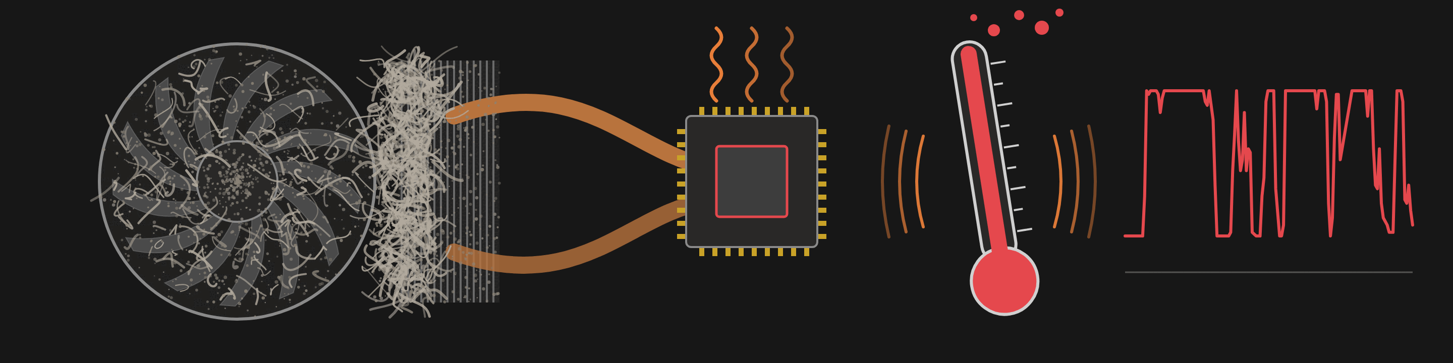 A laptop blower fan and its heatsink fins clogged with grey lint and dust, a copper heat pipe running to a hot CPU, a tilted thermometer with its red spilling over the top and a jagged line of the CPU speed limit falling to 20 again and again.