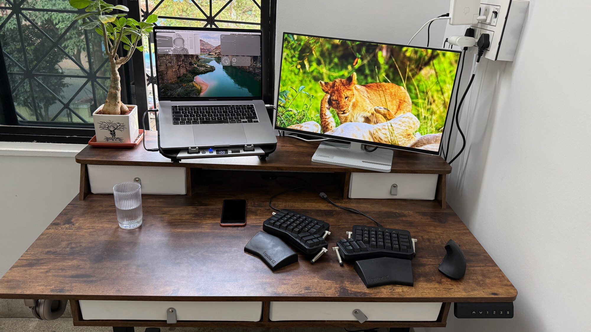 My desk, with the new monitor My desk: the MacBook Pro on its cooling pad, the Lenovo monitor, an ErgoDox EZ split keyboard and a vertical mouse on the wooden desk and a lovely plant by the window.