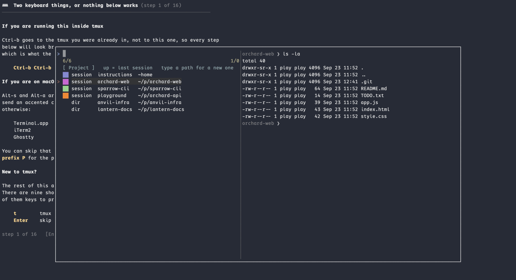 The project picker over the tour: six entries, four live sessions with a colour each and two directories zoxide knows, with the highlighted project’s files listed in a preview pane beside them.