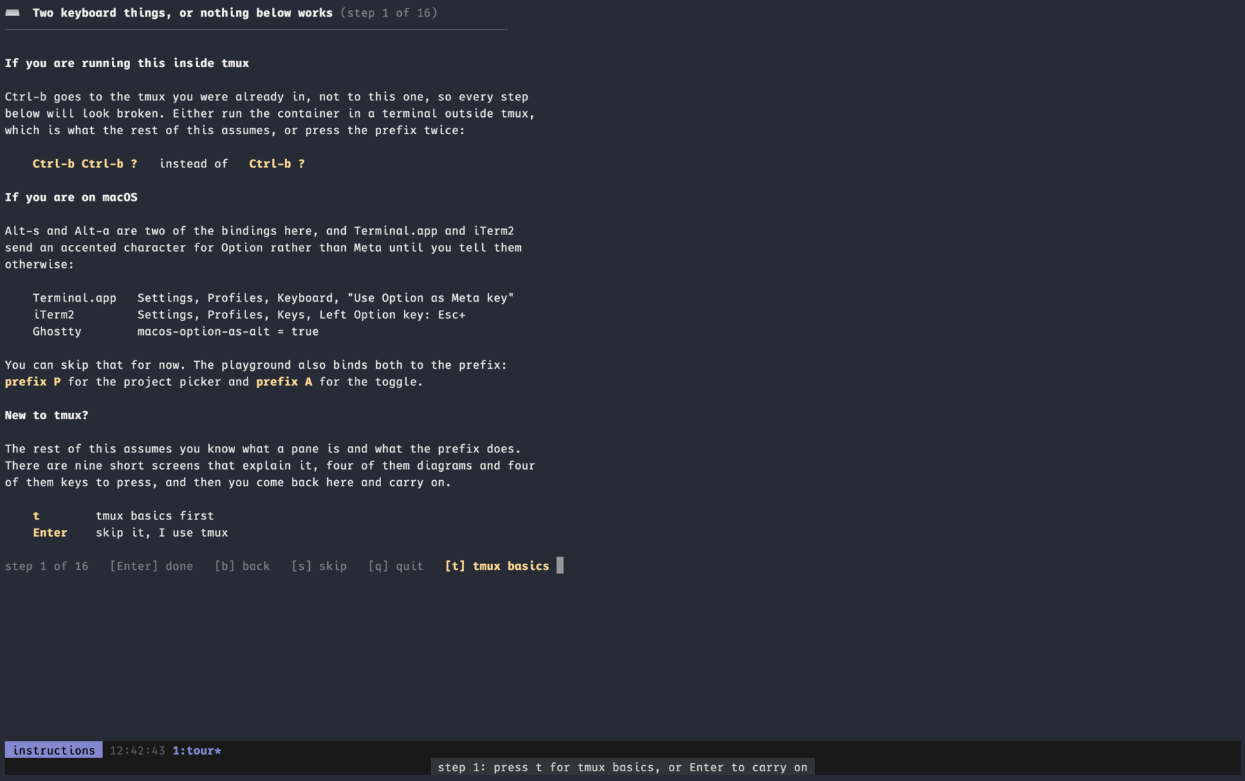 Step one of the tour, explaining the nested prefix and Option as Meta, with the step’s instruction pinned to a second status line at the bottom of the screen.